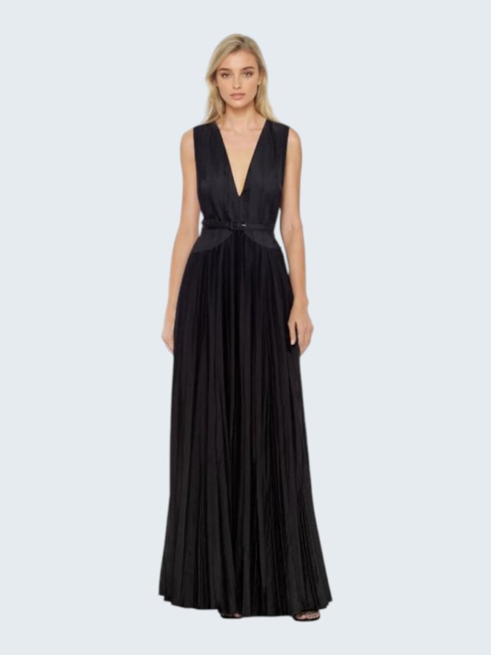 One33 Social Jaelyn Pleated Deep V Black Fit-and-Flare Maxi Gown Dress SZ 10 NWT